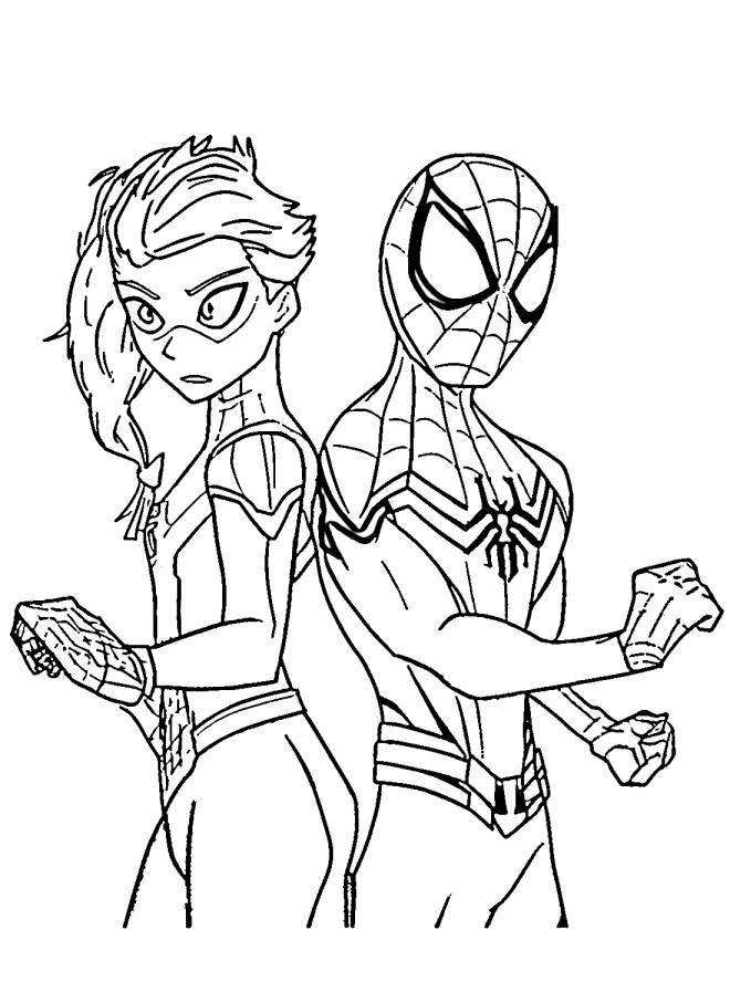 Coloriage et dessins gratuits Captain Marvel et son ami Spider Man à imprimer
