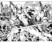 Coloriage et dessins gratuit Deadpool avec d'autres personnages Marvel à imprimer