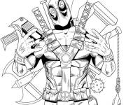 Coloriage et dessins gratuit Deadpool avec tout ses armes à imprimer
