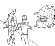 Coloriage Le combat de Deadpool et Spider-Man contre le monstre