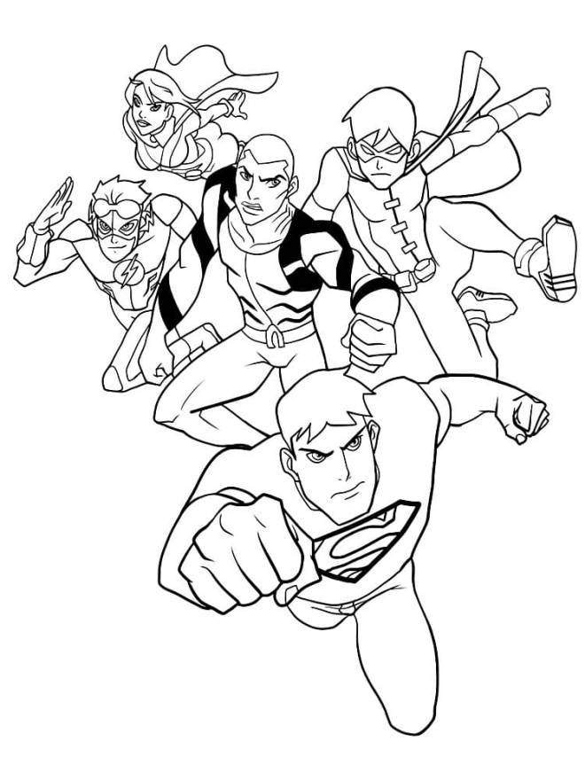 Coloriage Flash avec son équipe des super-héros