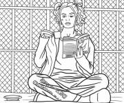 Coloriage Harley Quinn avec son livre et son tasse de th&eacute; au prison