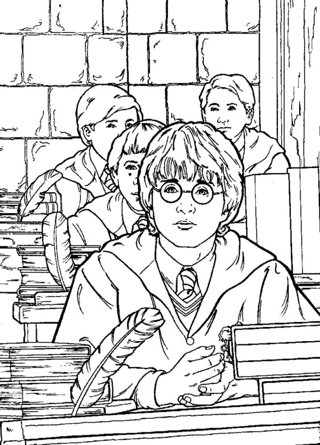 Coloriage et dessins gratuits Harry Potter, Ron et Hermione en classe à imprimer