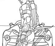 Coloriage Hawkeye devant une voiture de course