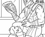 Coloriage Hawkeye donne du pizza a son chiot
