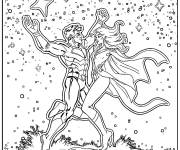 Coloriage Invincible et Atom Eve sous le ciel