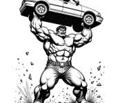 Coloriage Red Hulk l&egrave;ve la voiture