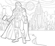 Coloriage Thor devant une ville d'Asgard
