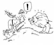 Coloriage Tintin surpris par le lion