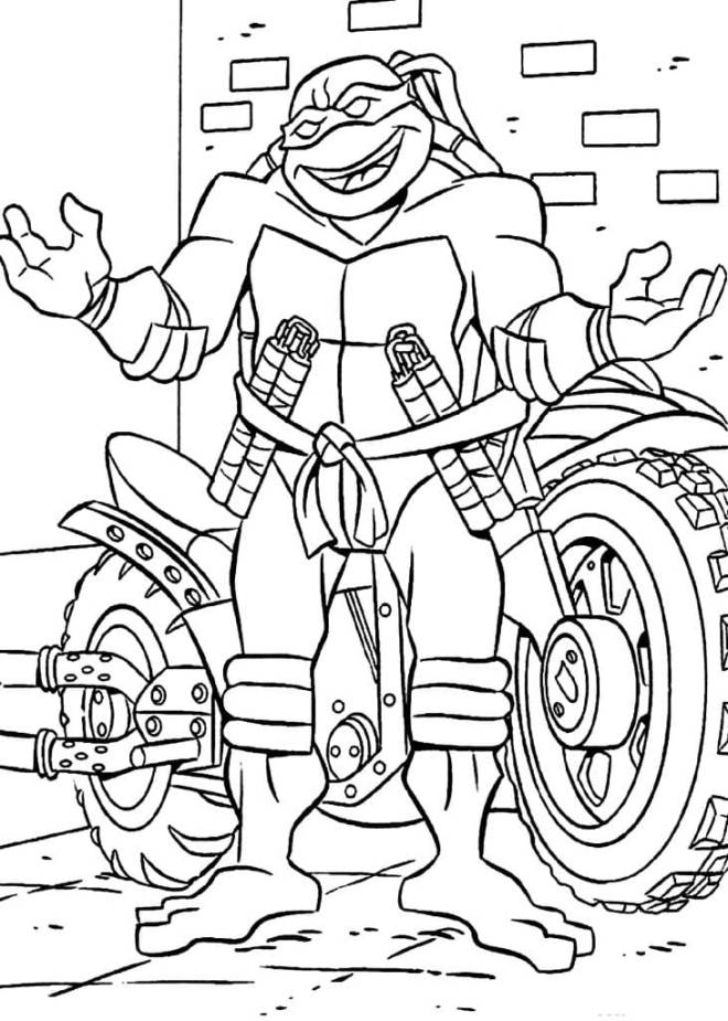 Coloriage et dessins gratuits Michelangelo avec sa moto à imprimer
