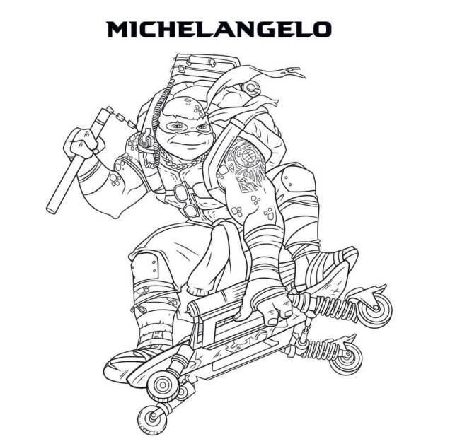Coloriage et dessins gratuits Michelangelo, son Nunchaku et son patin à imprimer