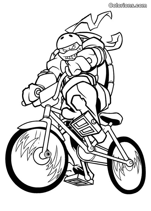 Coloriage et dessins gratuits Tortue Ninja sur sa Bicyclette à imprimer