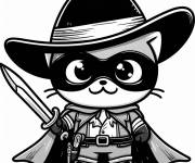 Coloriage Chat comme Zorro masqué kawaii