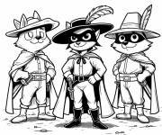 Coloriage Trois chats en uniforme de Zorro