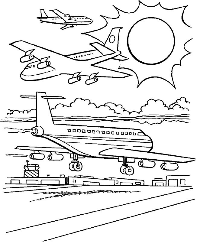 Coloriage et dessins gratuits Des avions de guerre à l'aéroport à imprimer