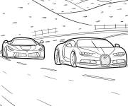 Coloriage Bugatti parmi d'autres voitures de sport sur la piste