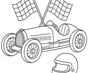 Coloriage Bugatti vintage de course avec une casque et des drapeaux
