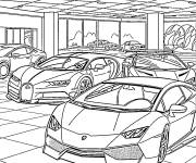 Coloriage Showroom de voitures de sport comme Bugatti ett Lamborghini