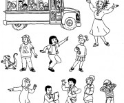Coloriage Enfants et Bus d'école à découper