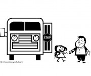 Coloriage Père et sa fille sortant de bus scolaire