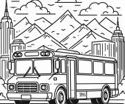 Coloriage Bus b&acirc;timents et montagnes