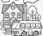 Coloriage Bus devant la maison