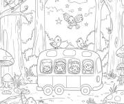 Coloriage Bus scolaire dans la foret avec les animaux