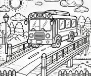 Coloriage Le bus traverse le pont
