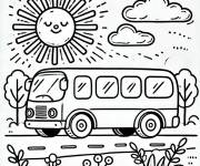 Coloriage Paysage d'un bus pendant un jour magnifique
