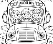 Coloriage Trois enfants conduisent le bus scolaire