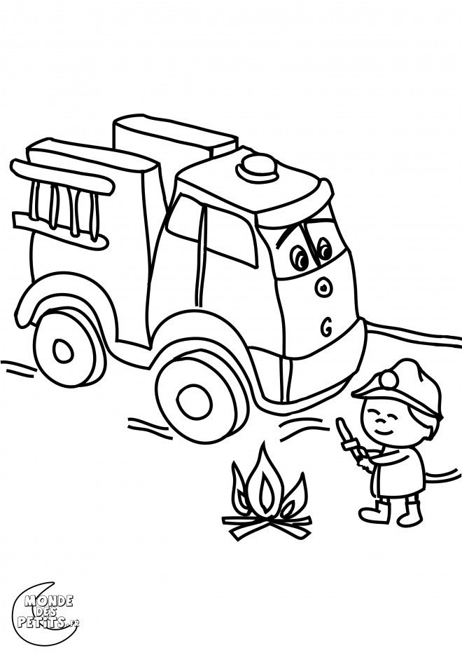 Coloriage Camion Pompier et le petit enfant dessin gratuit à imprimer