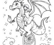Coloriage Dragon et fille &agrave; monocycle