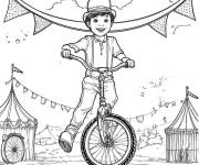 Coloriage Garcon &agrave; monocycle devant la tente de cirque
