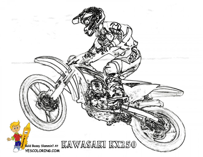 Coloriage Motocross Kawasaki en grand saut dessin gratuit à imprimer