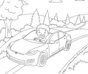 Coloriage Enfant qui conduit une voiture Tesla