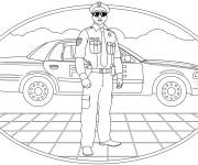 Coloriage Dessin de policier devant sa voiture