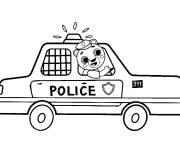 Coloriage Ours mignon comme policier dans une voiture de police de cartoon