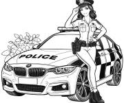 Coloriage Une femme policier devant une voiture de police BMW